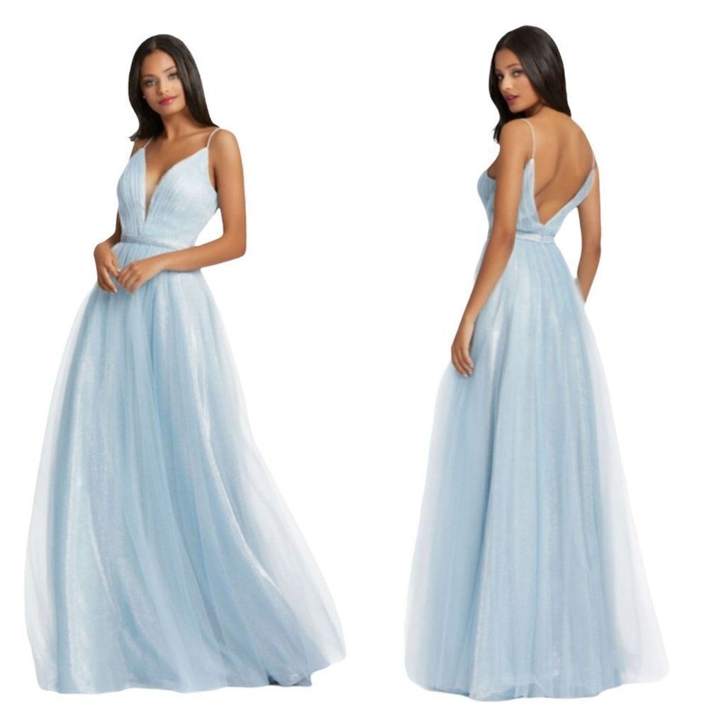 Mac Duggal Gown‎ Elsa Princess Ice Blue Sparkle Plunging V Full Tulle A-line 10